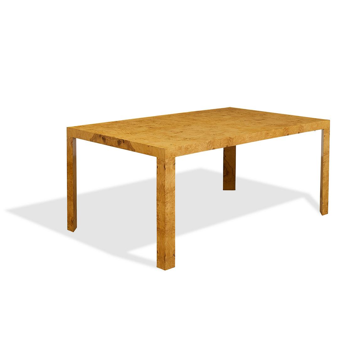 Roger Sprunger for Dunbar dining table, #7110: Roger Sprunger (1920-2008) for Dunbar dining table, #7110 Berne, Indiana, 1970s olive burl metal Dunbar tag sold with two 18" leaves 66"w x 42"d x 29"h; extended: 102"w"