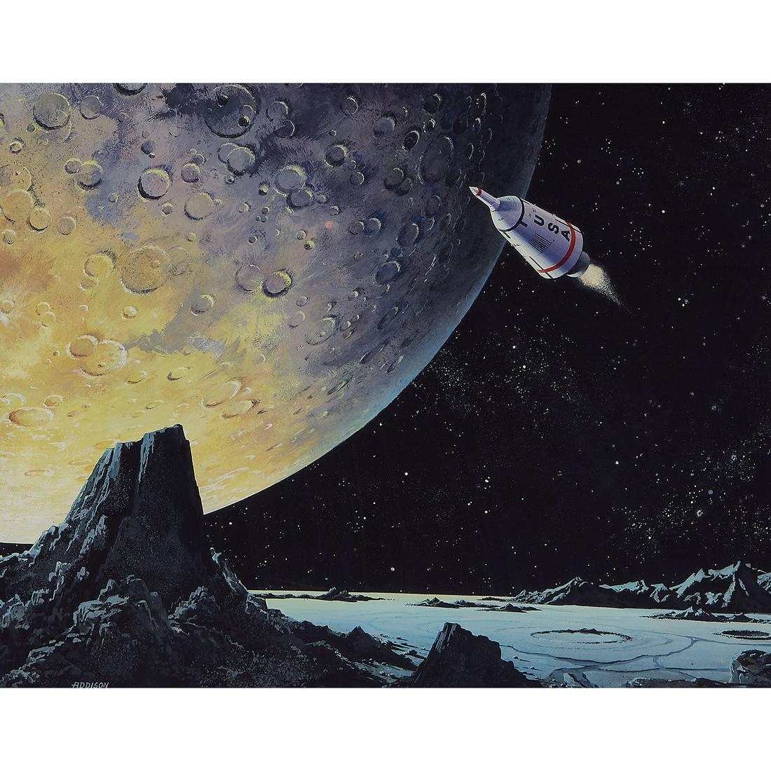 Robert Addison, Going to the Moon: Robert Addison (American, 1924-1988) Going to the Moon gouache on board signed lower left 13 3/4" x 17 1/2"