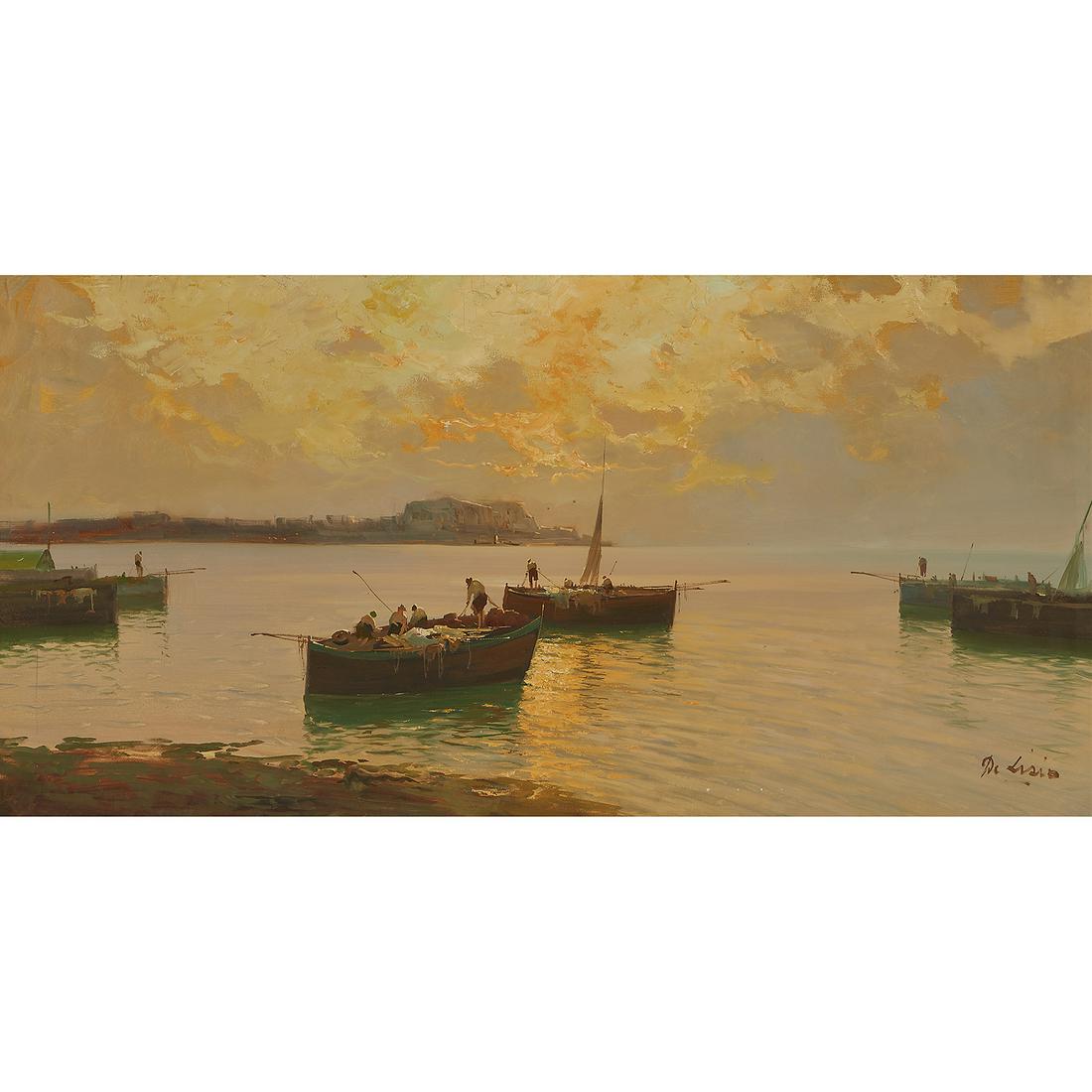 Arnaldo De Lisio, Fishing Boats at Dusk: Arnaldo De Lisio (Italian, 1869-1949) Fishing Boats at Dusk oil on canvas signed lower right 23 5/8" x 46 7/8"