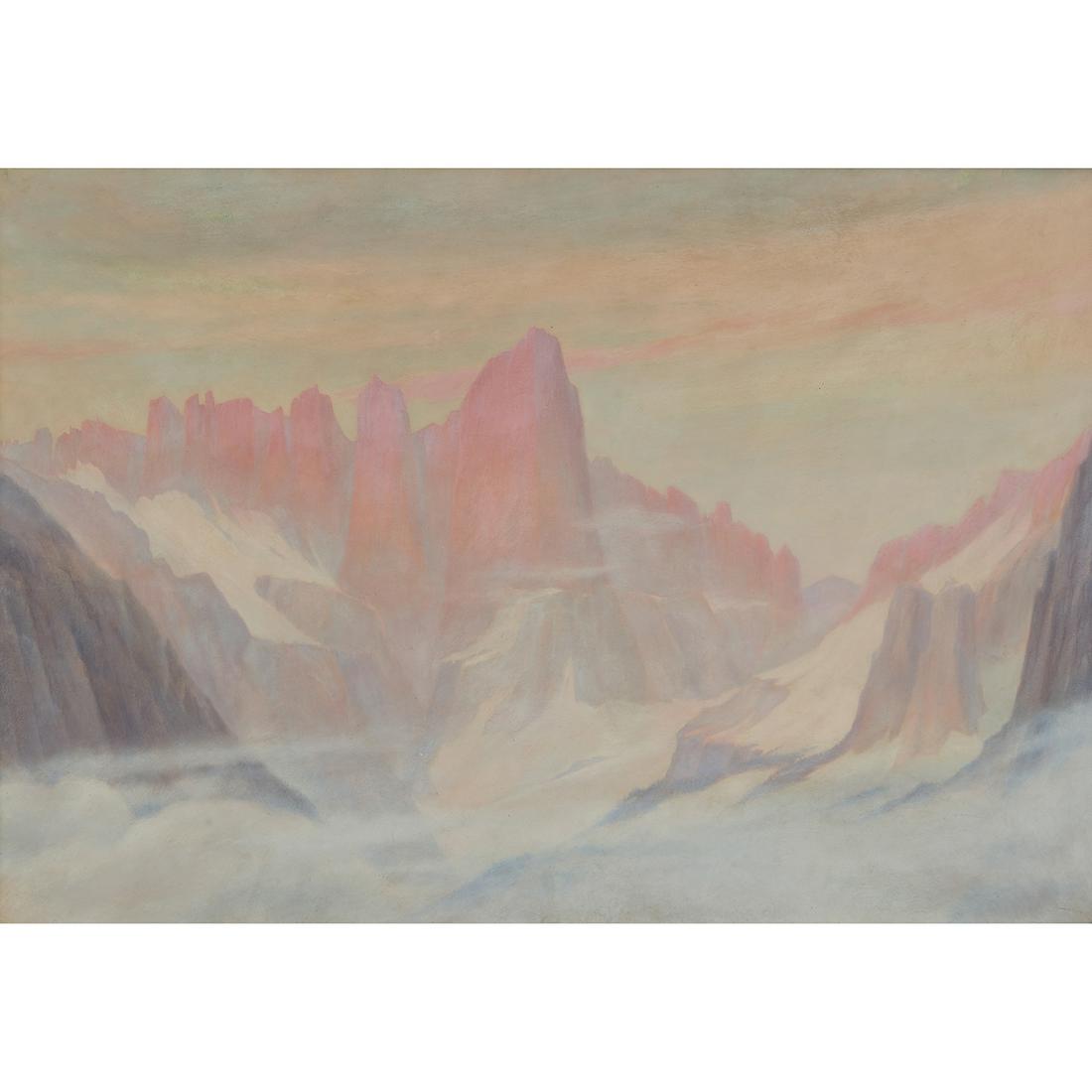 Zarh Pritchard, Mount Whitney from Lone Pine: Zarh Pritchard (American, 1866-1956) Mount Whitney from Lone Pine, January 1911 oil on leather signed and dated lower center 24 1/4" x 35"