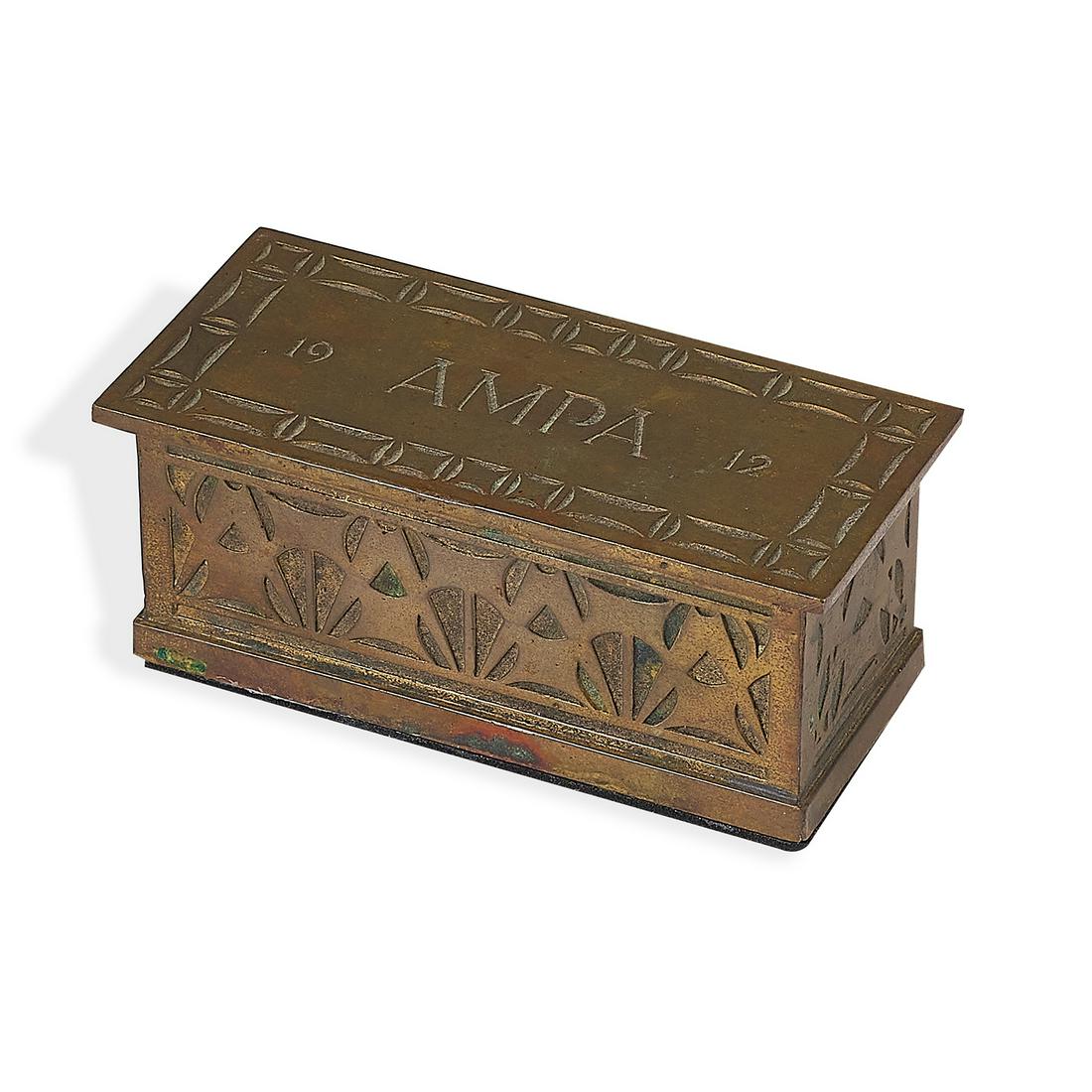 Robert Riddle Jarvie stamp box: Robert Riddle Jarvie (1865-1941) American Meat Packers Association stamp box Chicago, Illinois, 1912 brass stamped signature design by George Grant Elmslie (1869-1952) 4 1/4"w x 2"d x 2"h