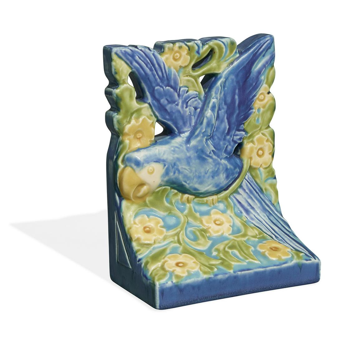 Charles S Todd for Rookwood Pottery bookend: Charles S. Todd (1886-1950) for Rookwood Pottery Parrot bookend, #6018 Cincinnati, Ohio, 1927 matte glazed ceramic impressed marks 5 3/8"w x 3 3/8"d x 7 1/4"h