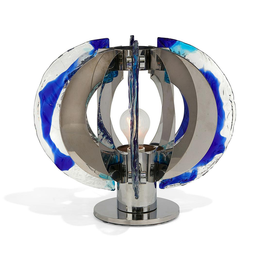 Angelo Brotto for Esperia table lamp: Angelo Brotto (1914-2002) for Esperia table lamp Venice, Italy, circa 1976 chrome-plated steel, glass unmarked 17"dia x 14"h