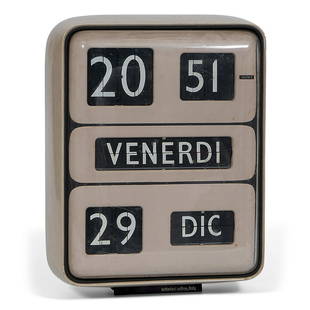 Gino Valle for Solari & Co. clock: Gino Valle (1923-2003) for Solari & Co. Dator 5 Cifra series clock Italy, 1960s enameled cast aluminum, plexiglass impressed manufacturer's mark to reverse: 'Solari & Co. Udine Brev.' 11 1/4"w x 6"d x