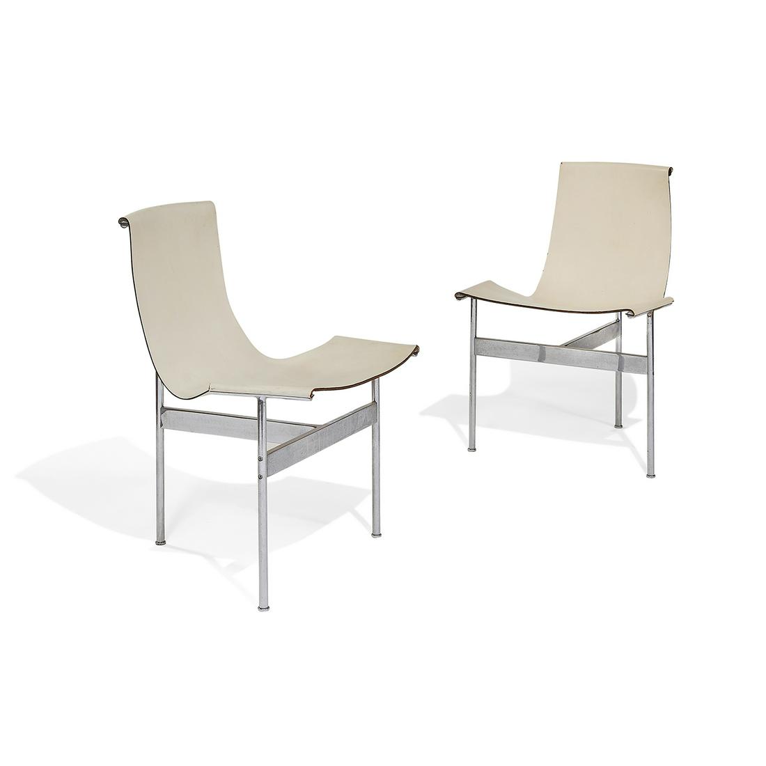 Katavolos, Littell & Kelley T-chairs, pair: Katavolos, Littell & Kelley for Laverne International T-chairs, pair USA, 1950s chrome-plated steel, leather unmarked 23"w x 23"d x 32"h