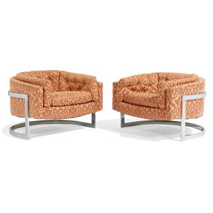 Jules Heumann lounge chairs, pair: Jules Heumann (1924-2017) for Metropolitan Furniture Company lounge chairs, pair San Francisco, California, 1970s upholstery, chrome-plated steel unmarked 38 1/2"w x 35"d x 26"h