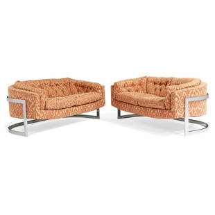 Jules Heumann love seats, pair: Jules Heumann (1924-2017) for Metropolitan Furniture Company love seats, pair San Francisco, California, 1970s upholstery, chrome-plated steel unmarked 58"w x 32"d x 27"h