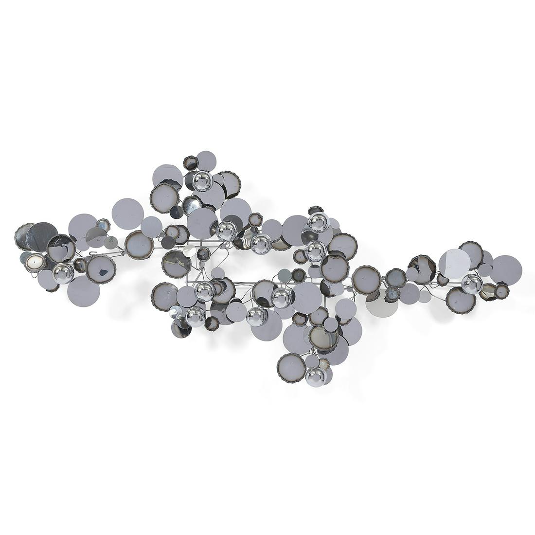 Curtis Jeré Raindrops wall sculpture: Curtis Jeré for Artisan House Raindrops wall sculpture USA, 1970s chrome-plated steel, wire, aluminum unmarked 60"w x 8 1/2"d x 27"h