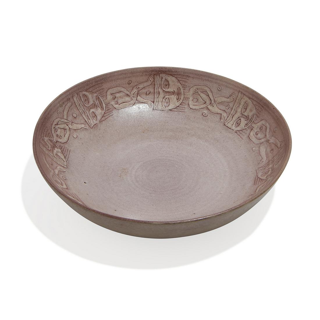 Edwin Scheier & Mary Scheier charger: Edwin Scheier (1910-2008) & Mary Scheier (1908-2007) charger decorated with figures Durham, New Hampshire, 1940s high glazed ceramic incised signature 12 1/4"dia x 2 5/8"h