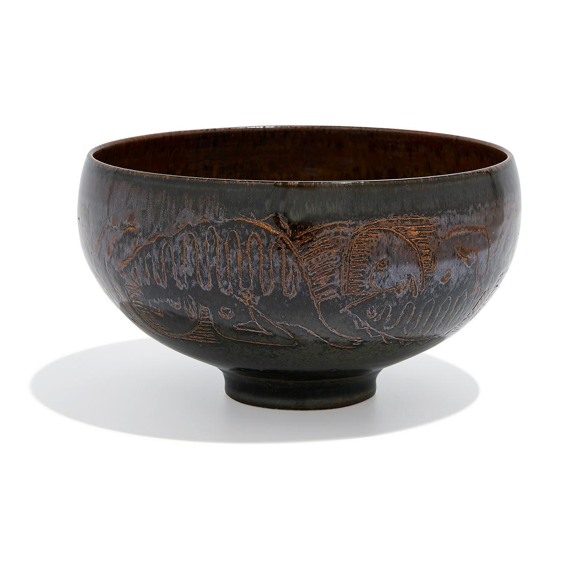 Edwin Scheier & Mary Scheier bowl: Edwin Scheier (1910-2008) & Mary Scheier (1908-2007) bowl decorated with figures and fish Durham, New Hampshire, circa 1960 high glazed ceramic incised signature 7 3/4"dia x 4 3/8"h