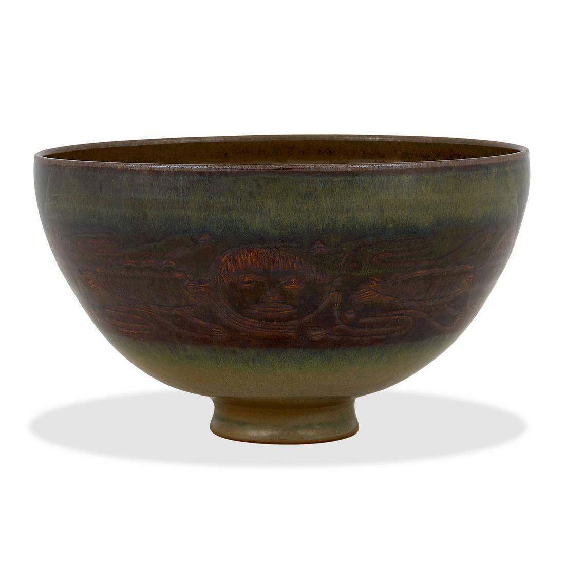 Edwin Scheier & Mary Scheier bowl: Edwin Scheier (1910-2008) & Mary Scheier (1908-2007) bowl decorated with figures and fish Durham, New Hampshire, circa 1960 high glazed ceramic incised signature 8 1/8"dia x 4 3/4"h