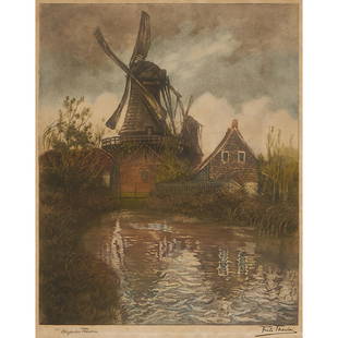 Frits Thaulow, Møllen i (Mill in) Overschie, etching: Frits Thaulow (Norwegian, 1847-1906) Møllen i Overschie (The Mill in Overschie) color etching signed lower right 26" x 20"