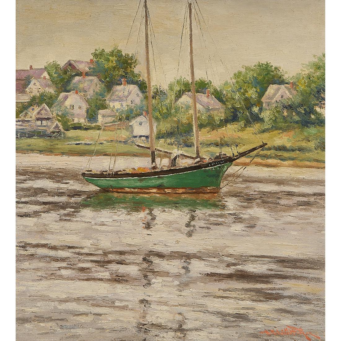 Hugo Melville Fisher, Sailboat by the Shore: Hugo Melville Fisher (American, 1878-1946) Sailboat by the Shore oil on canvas signed lower right 28 1/4" x 26 1/4"