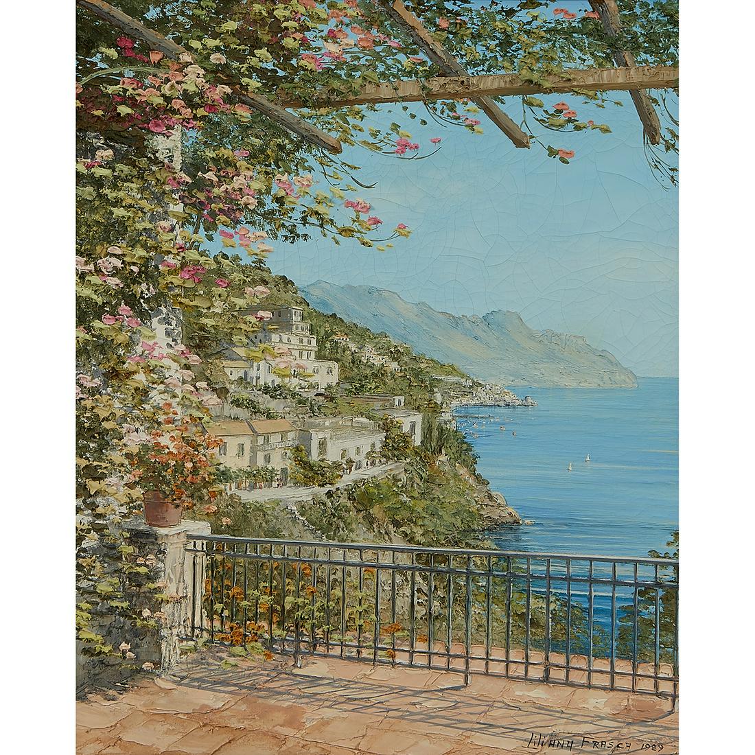 Lilliana Frasca, Seaside View, oil on canvas: Lilliana Frasca (Argentinian, b. 1932) Seaside View oil on canvas signed and dated lower right 20" x 16"