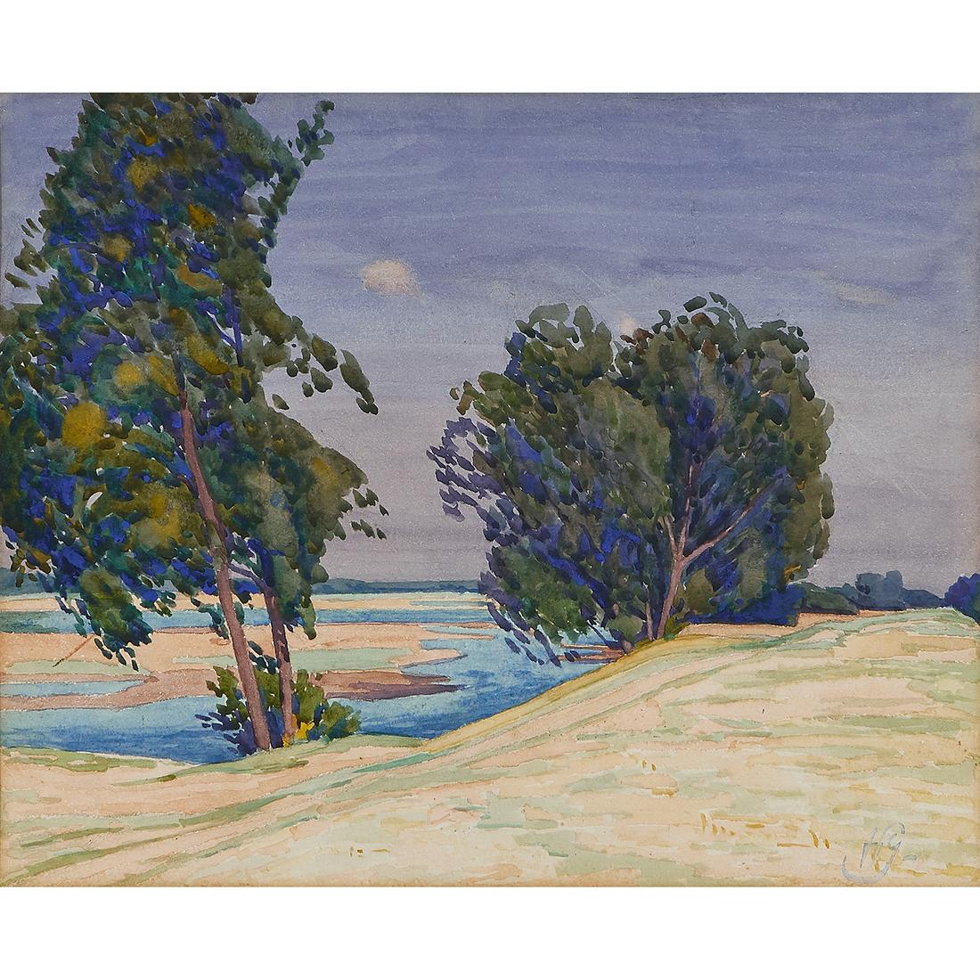 Artist Unknown, Trees in Landscape, watercolor: Artist Unknown (20th century) Trees in Landscape watercolor on paper signed H. G. lower right 10 1/4" x 12 3/8"