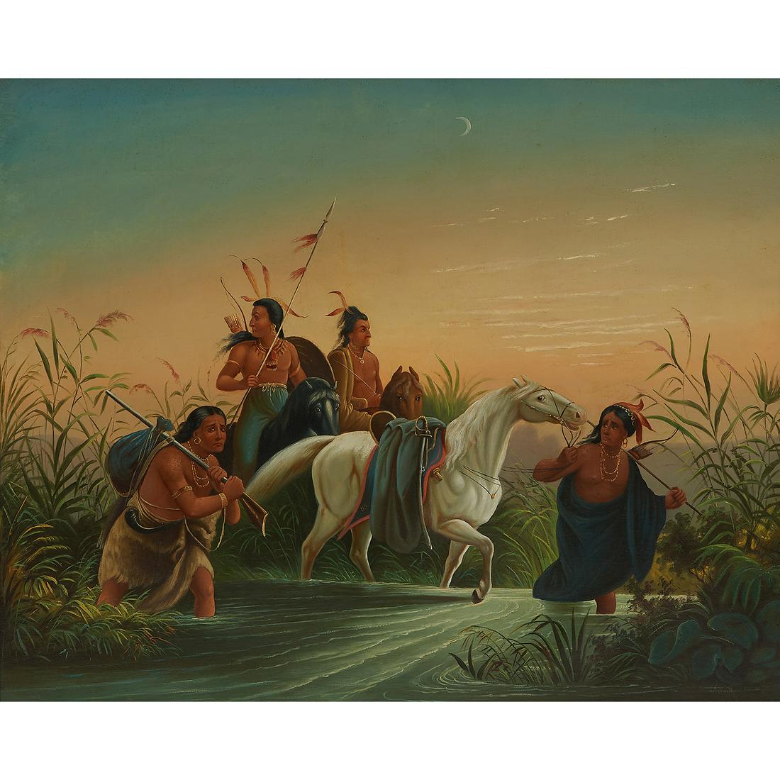 Unknown Artist, Indigenous Peoples Crossing River, oil (1 of 2)