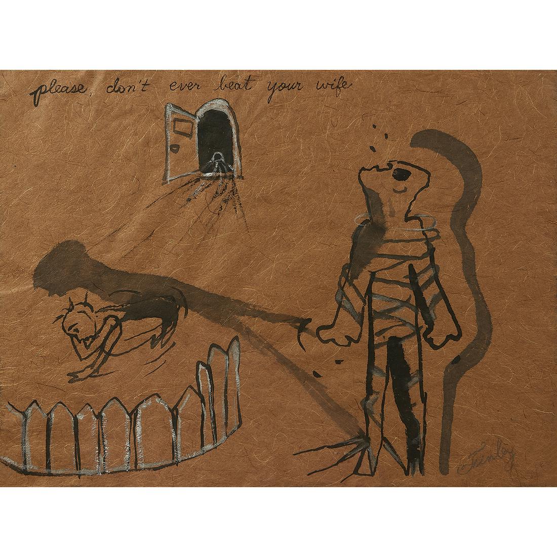 Karen Finley, please don: Karen Finley (American, b. 1956) please don't ever beat your wife, circa 1990 ink and watercolor on abaca fiber paper signed lower right 19 1/4" x 26 1/4"
