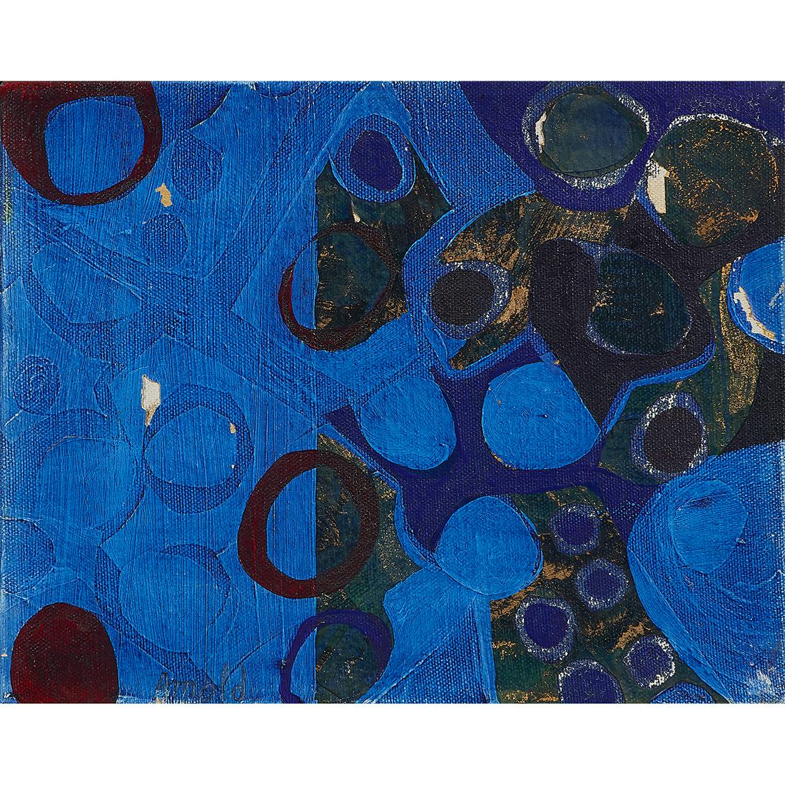 Ralph Moffett Arnold, Blue Mirage, circa 1970: Ralph Moffett Arnold (American, 1928-2006) Blue Mirage, circa 1970 oil and collage on canvas 8" x 10"