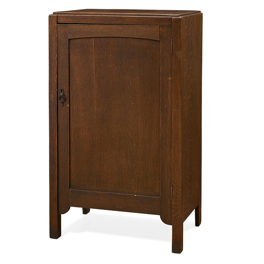 In the Style of Charles P. Limbert music cabinet: American Arts & Crafts, in the Style of Charles P. Limbert Co. music cabinet oak, copper unmarked 25"w x 17 1/4"d x 42 1/4"h Provenance: The Collection of Rich and Patty Thumann, Tacoma, Washington