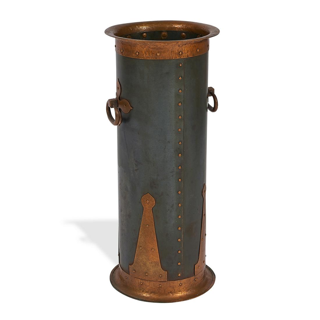 Arts & Crafts Period two-handled umbrella stand: Arts & Crafts Period two-handled umbrella stand copper, iron straps and riveted accents throughout 11 1/8"dia x 26 1/2"h