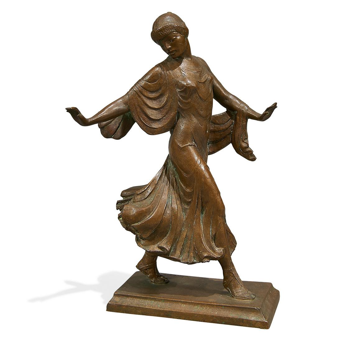 Louise Allen figural sculpture of a maiden: Louise Allen (American) figural sculpture of a maiden in a flowing dress bronze cast and stamped marks Ideal Casting Co., Providence, Rhode Island 7"w x 5"d x 10"h