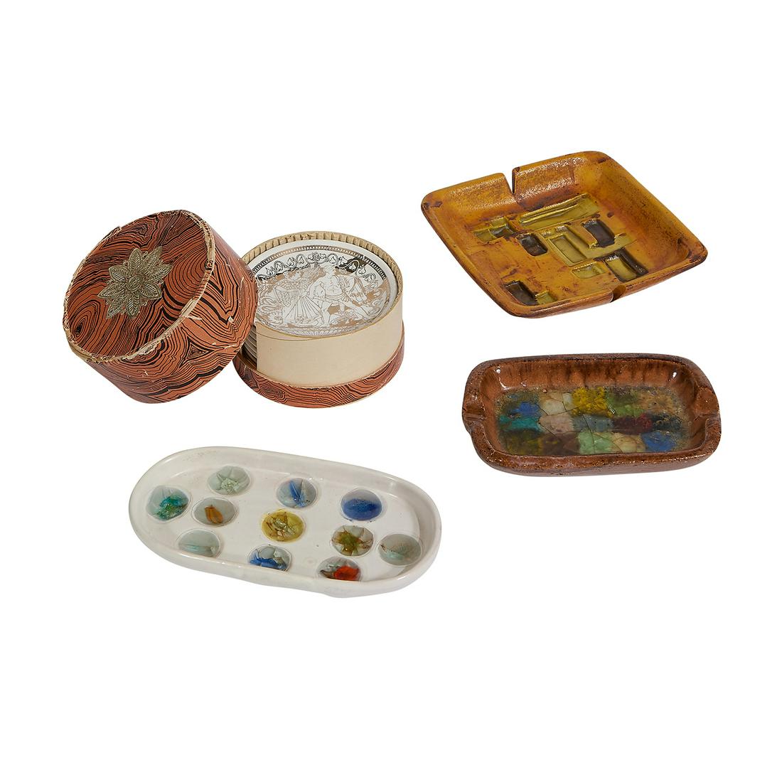 Italian Modern objects, group of four: Italian Modern objects, group of four Italy, 1960s glazed ceramic, cardboard coasters marked 'Mitologia Fornasetti Milano' one tray with paper 'Raymor' label and marked '699 Italy' one tray marked '89