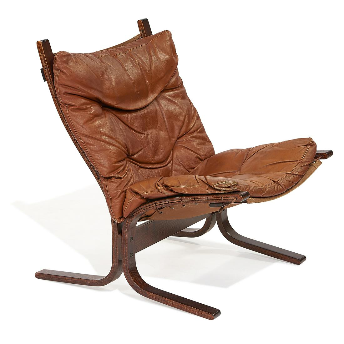 Ingmar Relling for Westnofa Siesta chair: Ingmar Relling (1920-2002) for Westnofa Siesta chair Norway, 1960s bent plywood, leather, cord sticker label 26"w x 32"d x 33"h