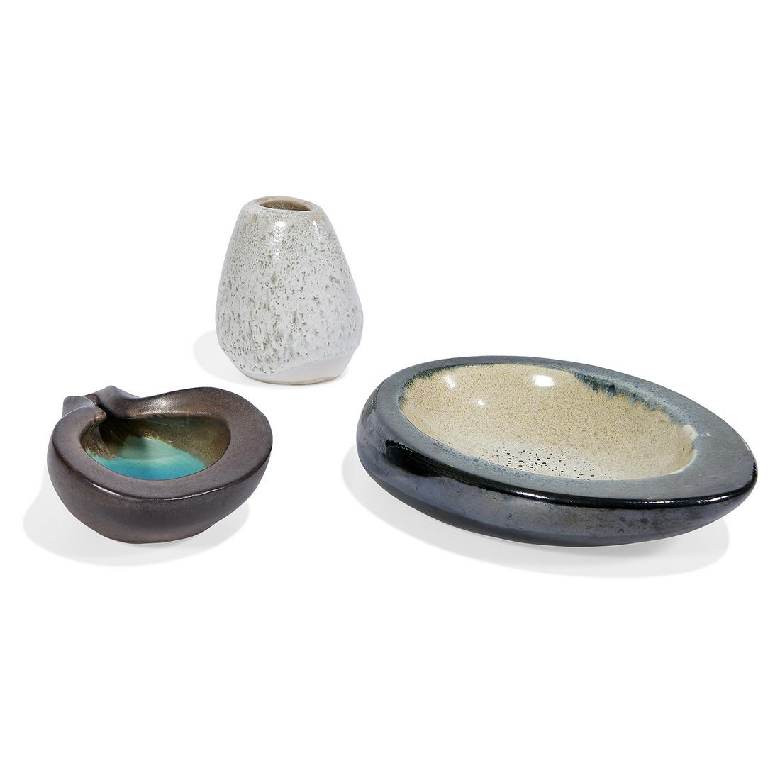Russel Wright for Bauer ceramics, three: Russel Wright (1904-1976) for Bauer ceramics, three USA, 1950s glazed ceramic signature and impressed marks to largest example largest: 10"w x 7"d x 2 1/2"h