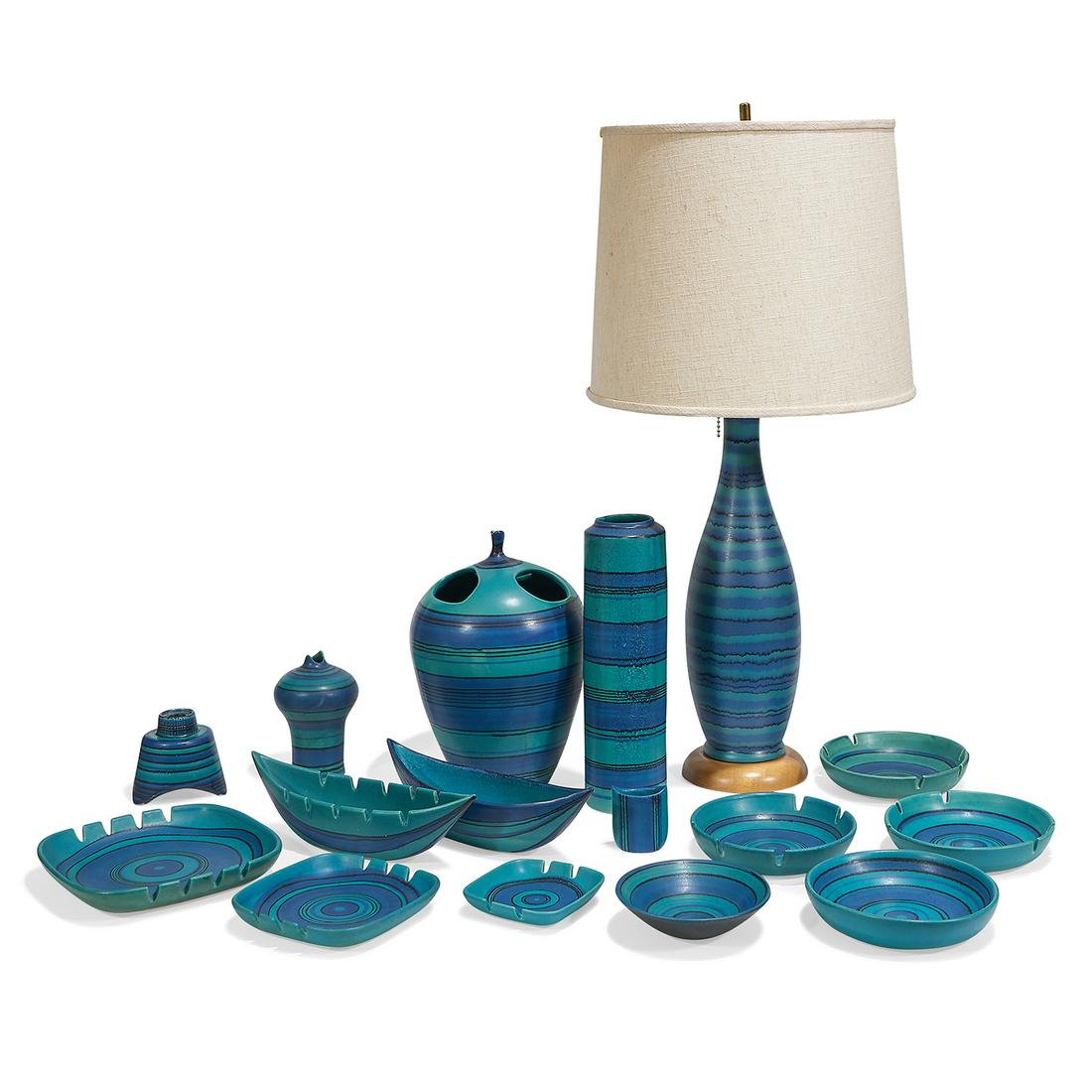 Fong Chow for Glidden, set of 16: Fong Chow (1923-2012) for Glidden Gulfstream Blue Artware, set of 16 Alfred, New York, 1956 glazed ceramic impressed 'Glidden' marks Lampshade is not included. tallest: 4 1/2"dia x 15 1/4"h
