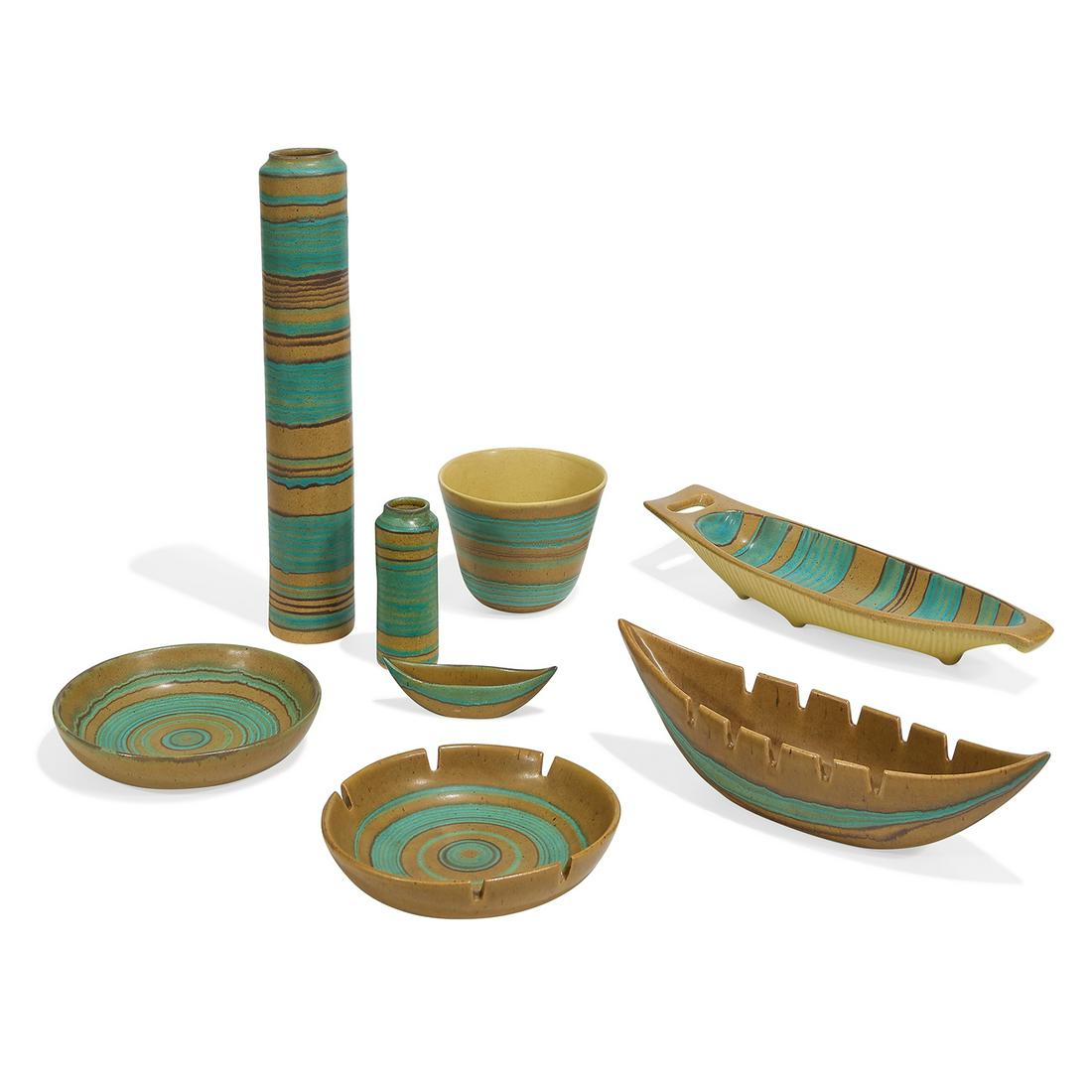 Fong Chow for Glidden, set of eight: Fong Chow (1923-2012) for Glidden Green Mesa Artware, set of eight Alfred, New York, 1956 glazed ceramic impressed 'Glidden' marks tallest: 3 1/8"dia x 17 1/2"h