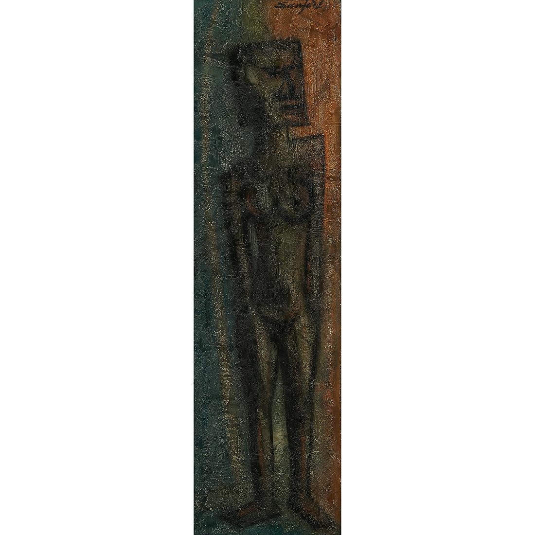 Walter Sanford, Standing Female Figure, 1965: Walter Sanford (American, 1912-1987) Standing Female Figure, 1965 mixed media on masonite signed and dated upper right 48" x 18"