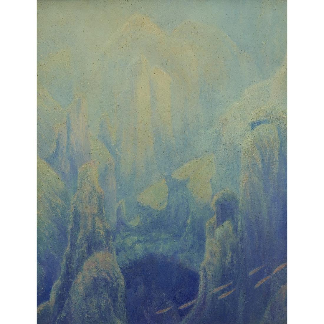 Zarh Pritchard, Coral Structure ..., 1925: Zarh Pritchard (American, 1866-1956) Coral Structure in the Lagoon Maraa Tahiti, 1925 oil on leather signed and dated verso inscribed Zabuddah, To my friend, Zahaz, Edwardo Huntington Metcalf, who see