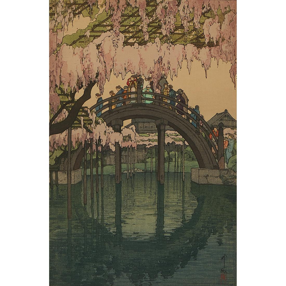Hiroshi Yoshida, Kameido Bridge from 12 Scenes of Tokyo: Hiroshi Yoshida (Japanese, 1876-1950) Kameido Bridge, from the series Twelve Scenes of Tokyo, posthumous printing color woodblock signed lower right and titled lower left in the block 14 9/16" x 9 5/8