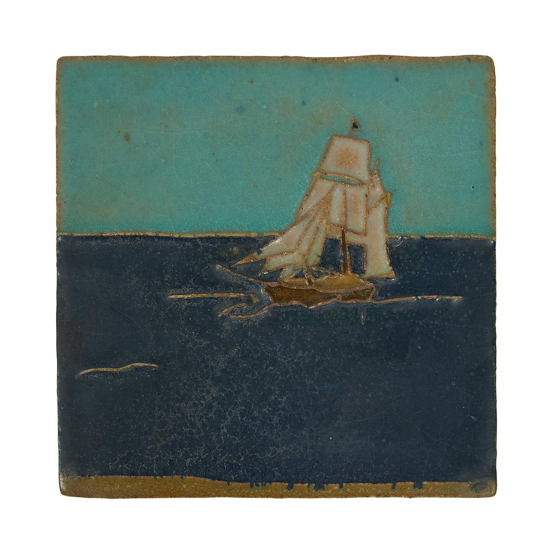 Van Briggle Pottery tile with schooner / sailboat (1 of 2)