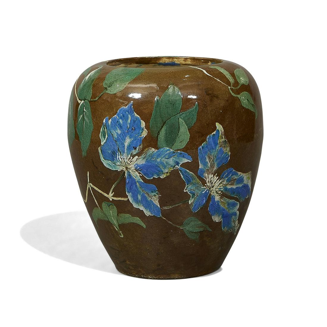 John Bennett vase decorated with clematis: John Bennett (1840-1907) vase decorated with clematis New York, New York painted stoneware unmarked 6 1/2"dia x 7 3/8"h
