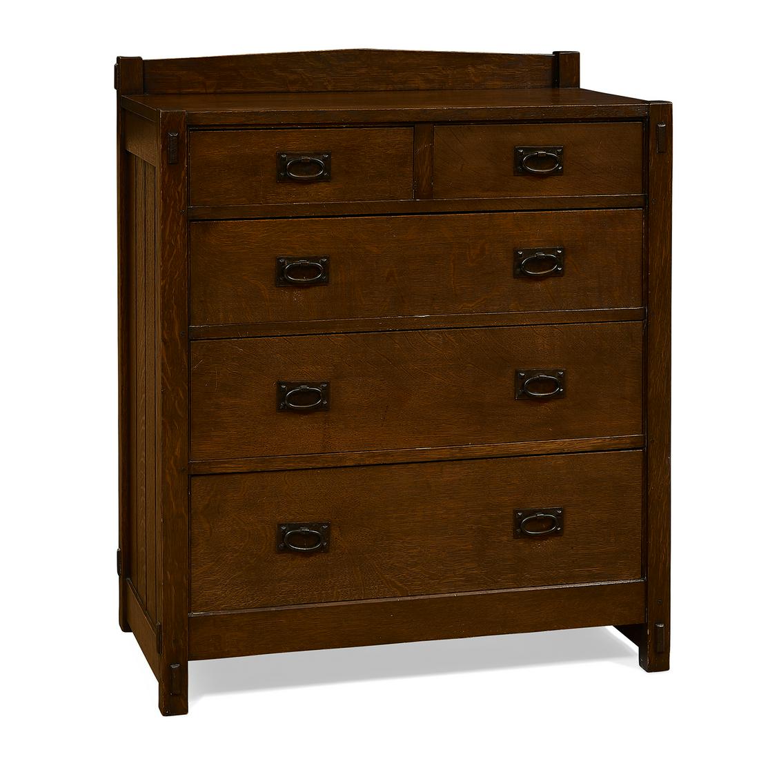 Gustav Stickley chest of drawers, #626: Gustav Stickley (1858-1942) chest of drawers, #626 Eastwood, New York oak, copper marked with "Eastwood" paper label 36"w x 20"d x 43"h