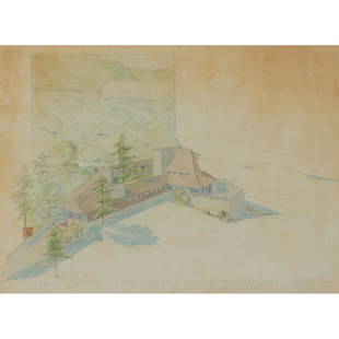 Frank Lloyd Wright, Architectural Rendering: Frank Lloyd Wright (American, 1867-1959) Architectural Rendering of Mountain Lodge for Mr. and Mrs. Arnold Friedman, Pecos, New Mexico, 1946 colored pencil on paper pencil signed and dated in red squa