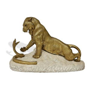 Robert Bousquet, Tiger and Serpent sculpture: Robert Bousquet (1894-1917) Tiger and Serpent sculpture France gilt bronze, marble incised signature to base 19"w x 10"d x 13"h