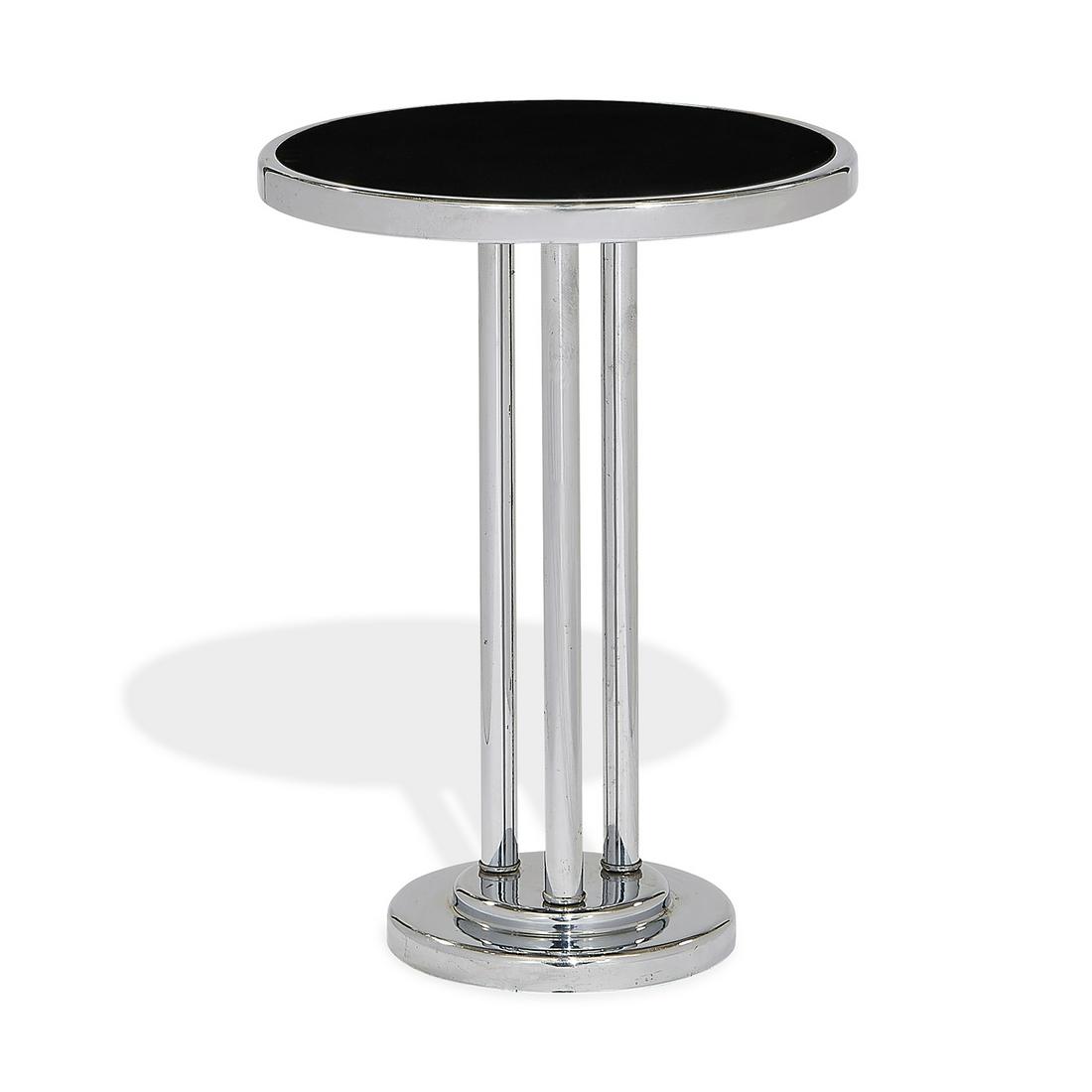 Wolfgang Hoffmann side table: Wolfgang Hoffmann (1900-1969) for Howell Furniture Company side table St. Charles, Illinois, circa 1930 chrome-plated steel, lacquered wood Howell Furniture Company sticker label 13 3/8"dia x 18 5/8"h
