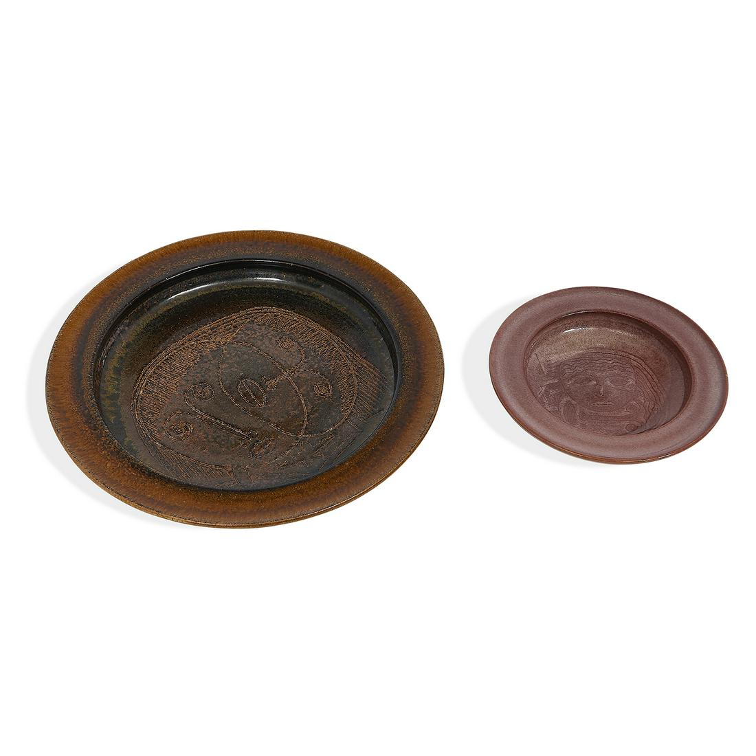 Edwin Scheier & Mary Scheier plates, two: Edwin Scheier (1910-2008) & Mary Scheier (1908-2007) plates, two Durham, New Hampshire glazed ceramic incised signature larger: 10 3/4"dia x 1 3/4"h