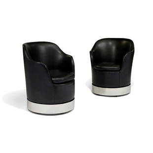 Phillip Enfield swivel chairs, pair: Phillip Enfield (1914-2004) swivel chairs, pair New York, New York, 1980s leather, chrome-plated steel unmarked 27"dia x 33 1/2"h