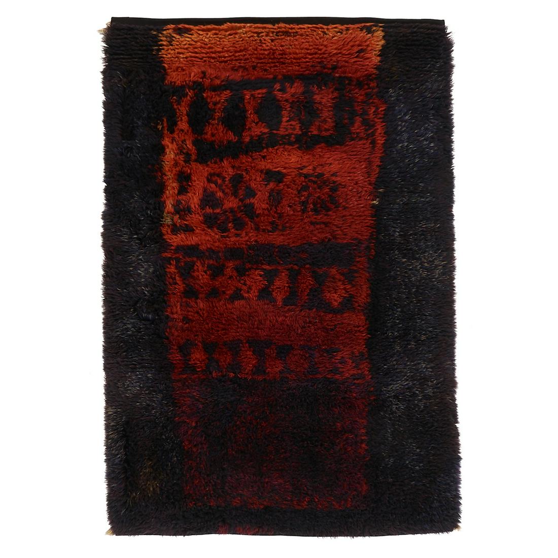 Ritva Puotila Rya rug 6' x 4': Ritva Puotila (b. 1935) Rya rug Finland, 1960s wool signed originally acquired by George Nelson from Puotila at a trade show 6' x 4'