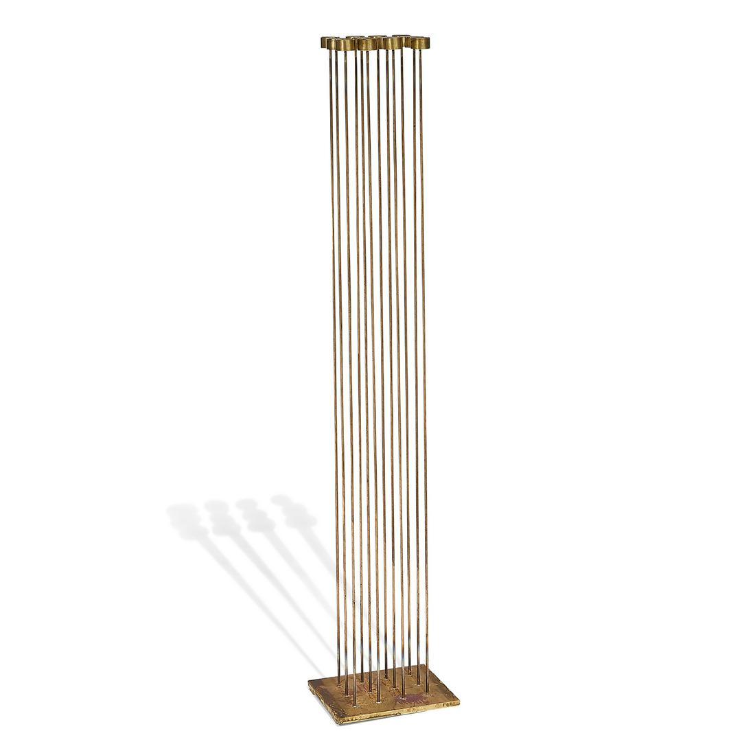 Val Bertoia One Dozen Sounds sounding sculpture: oVal Bertoia (b. 1949) One Dozen Sounds sounding sculpture, #B-2354 Bertoia Studios, USA beryllium-copper 'cattail' tops silvered to beryllium-copper rods, brass base etched signature and numbers to b