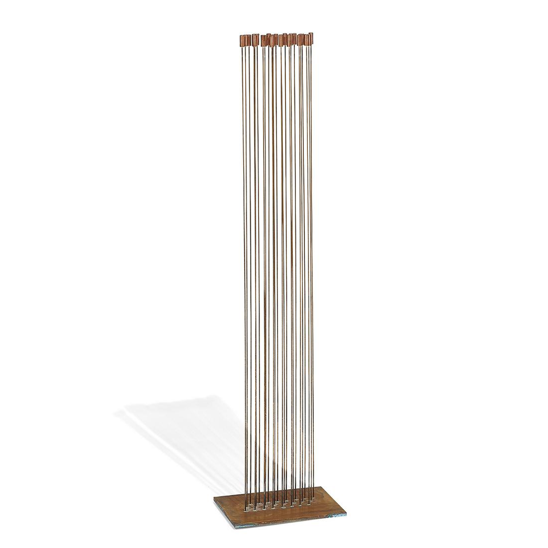 Val Bertoia sounding sculpture, #B-2174: Val Bertoia (b. 1949) Sounds from 24 Standing on the Floor sounding sculpture, #B-2174 Bertoia Studios, USA beryllium-copper 'cattail' tops silvered to beryllium-copper rods, brass base etched signatu
