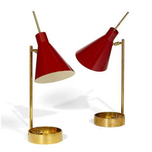 Roberto Giulio Rida articulating desk lamps, pair: Roberto Giulio Rida (b. 1943) articulating desk lamps, pair Italy, 2000s red enameled steel, brass impressed mark to base 'Made in Italy' 7"w x 8"d x 22 1/2"h