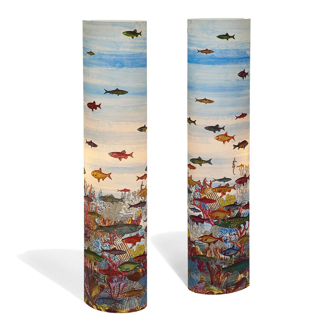 Barnaba Fornasetti floor lamps, pair: Barnaba Fornasetti (b. 1950) for Antonangeli Illuminazione floor lamps, pair Italy, 1990s lithographic transfer print on vinyl fully marked 8 1/2"w x 12"d x 47"h