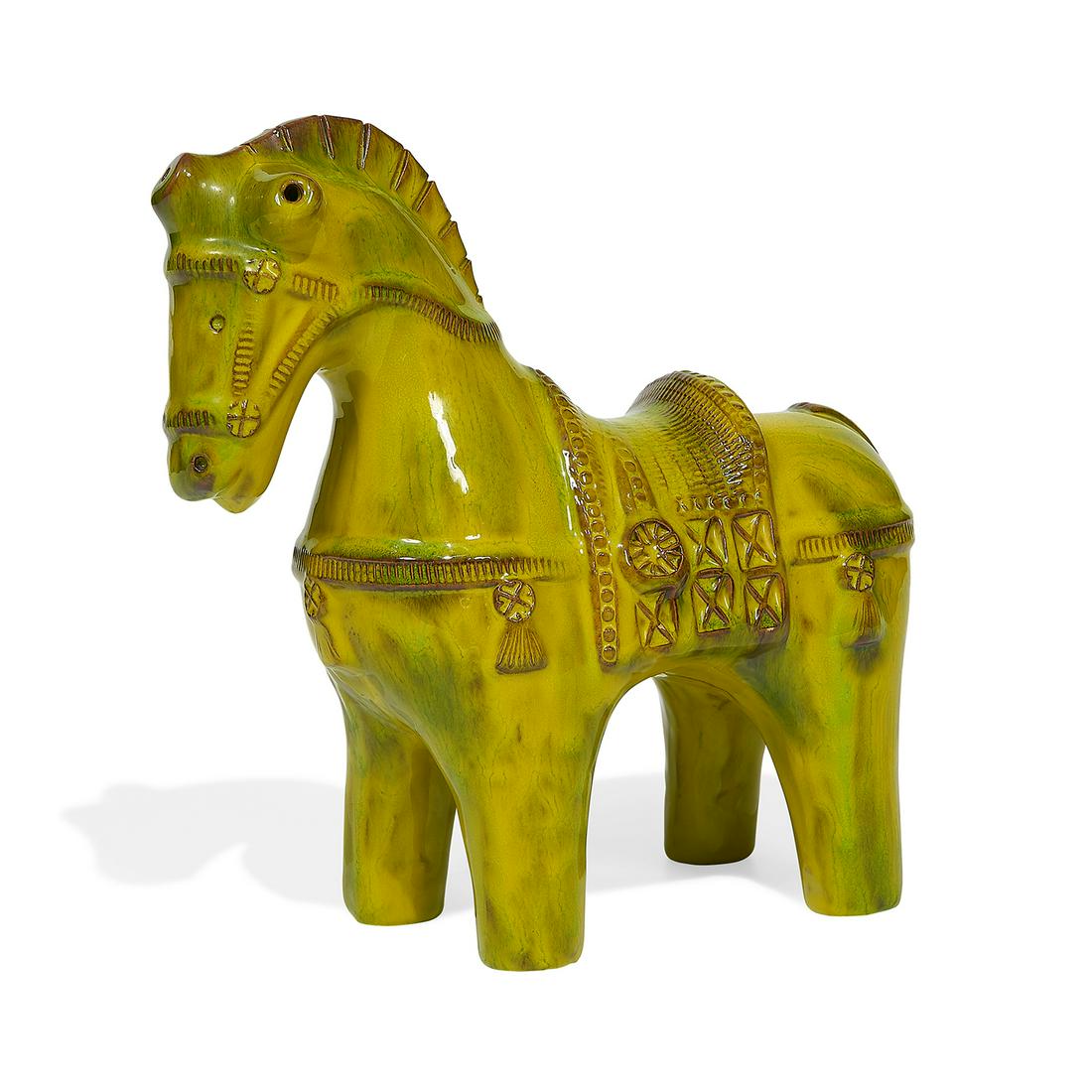 Aldo Londi for Bitossi, horse ceramic, #BC98: Aldo Londi (1911-2003) for Bitossi, Distributed by Raymor horse ceramic, #BC98 Italy, 1960s yellow glazed ceramic underglaze marked 'BC98 Italy' 10"w x 4 1/4"d x 10"h