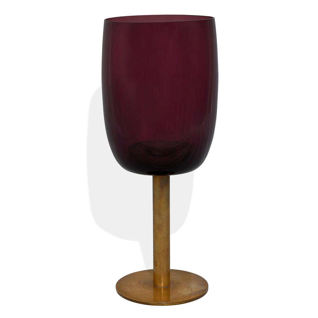 Hans-Agne Jakobsson candle holder, #131: Hans-Agne Jakobsson (1919-2009) for Liljeholmens Ljus candleholder, #131 Sweden, 1960s brass, purple glass printed marks to base 5 1/2"dia x 13 5/8"h