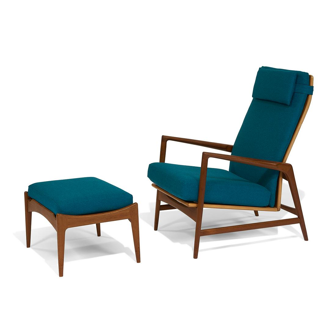 Ib Kofod-Larsen for Selig reclining lounge chair: Ib Kofod-Larsen (1921-2003) for Selig reclining lounge chair with ottoman Denmark, 1960s teak, beech, upholstery sticker labels chair: 29"w x 31"d x 38"h; ottoman: 24"w x 18"d x 15 1/4"h Provenance: T