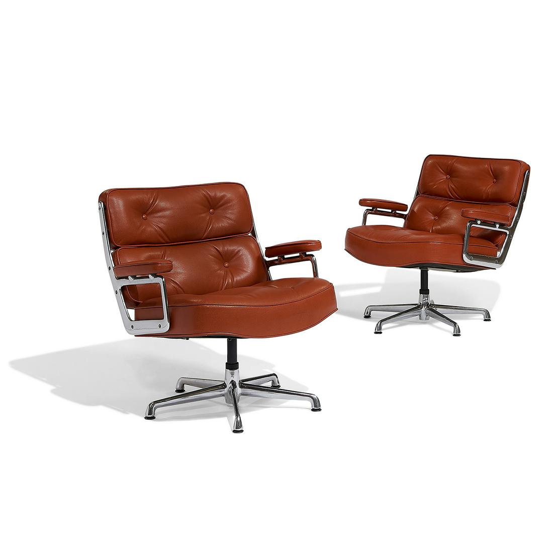 Charles & Ray Eames for ICF swivel chairs, pair: Charles Eames (1907-1978) & Ray Eames (1912-1988) for ICF Time Life Lobby swivel lounge chairs, pair Milan, Italy, 1980s leather, cast aluminum, enameled steel, plastic 'ICF' sticker to one example 29